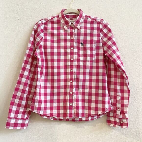 Abercrombie & Fitch Tops - Abercrombie & Fitch Womens Pink White Plaid Logo Long Sleeve Button Down Cotton